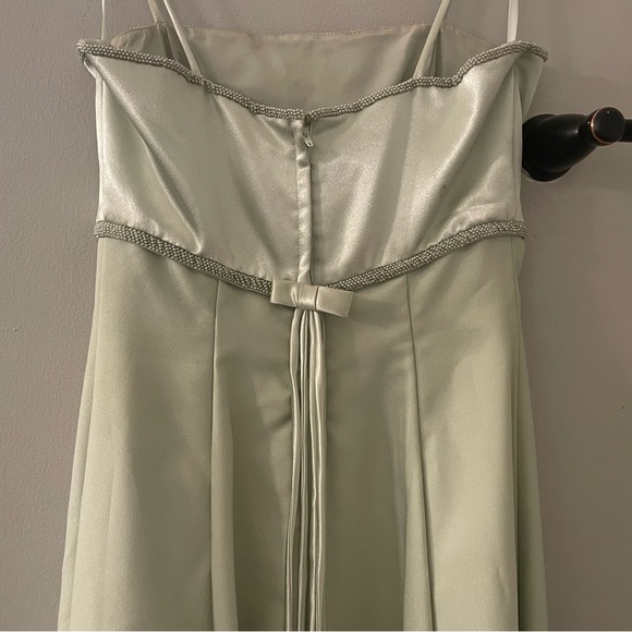 Sage green satin dress w/ beaded trim & spaghetti straps featuring zipper & bow - Picture 3 of 9